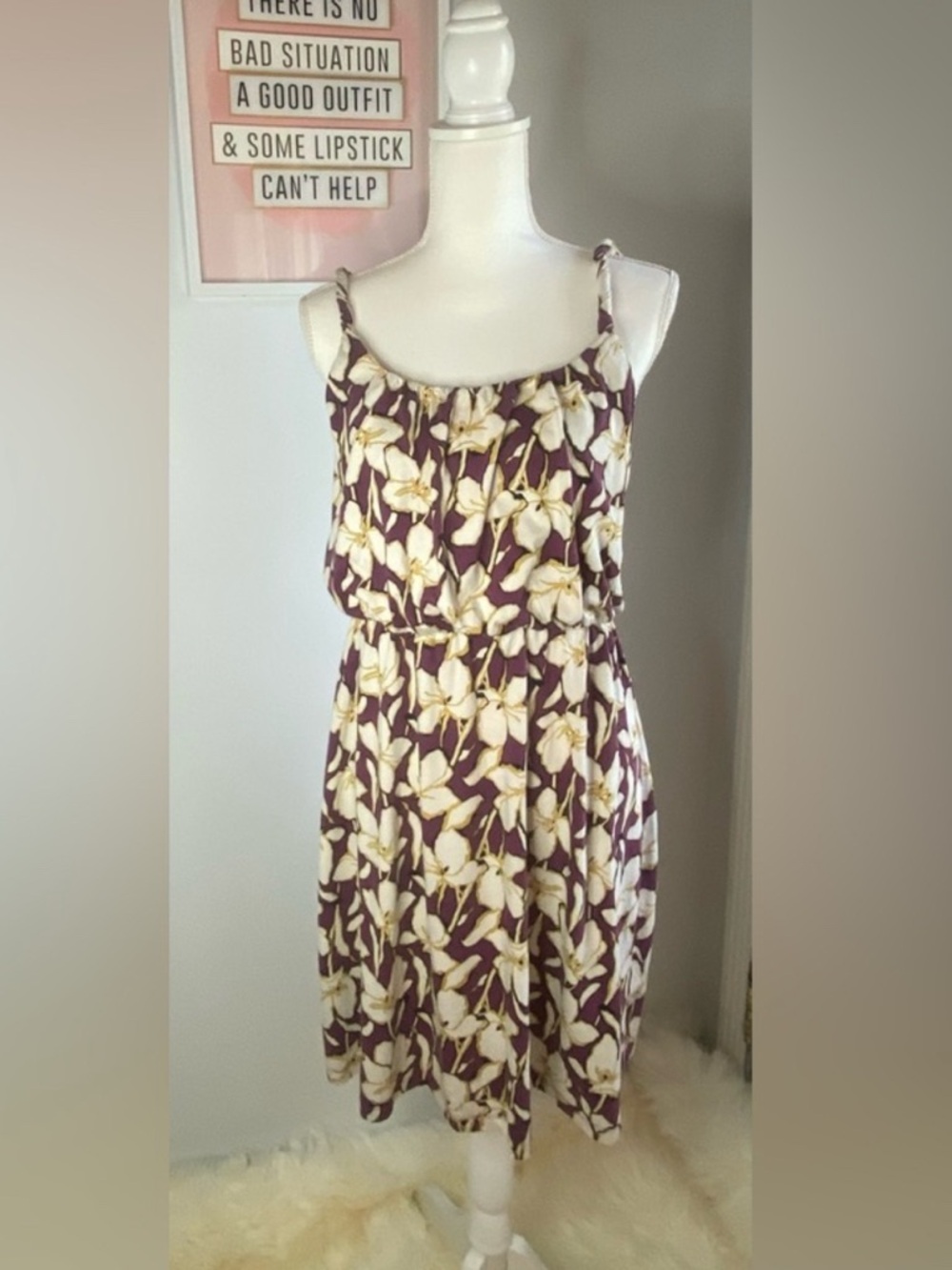 LOFT Floral Sleeveless Summer Dress in Plum and Cream